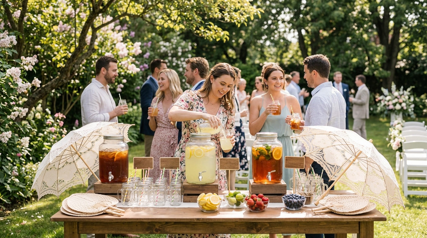 Estação de bebidas refrescantes e frutas em casamento ao ar livre em dia quente