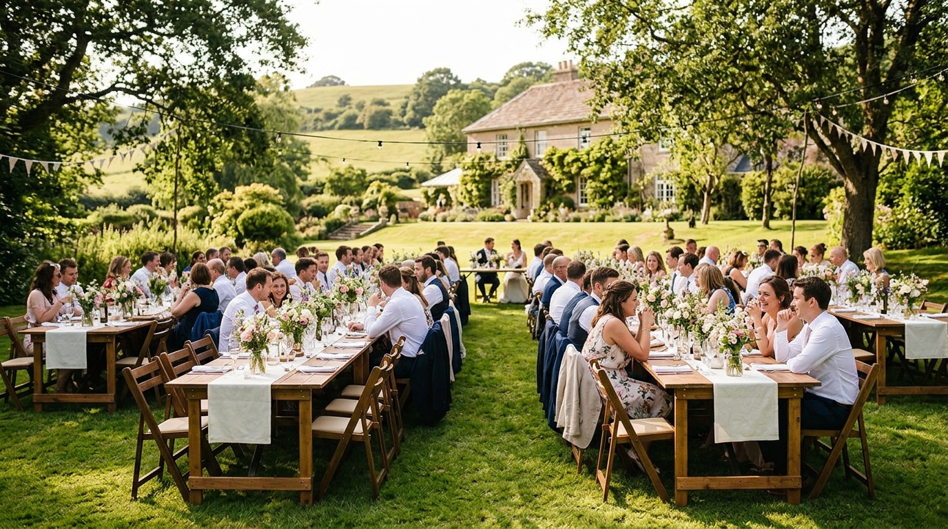 Casamento rústico em casa de campo com jardins verdes e decoração de madeira