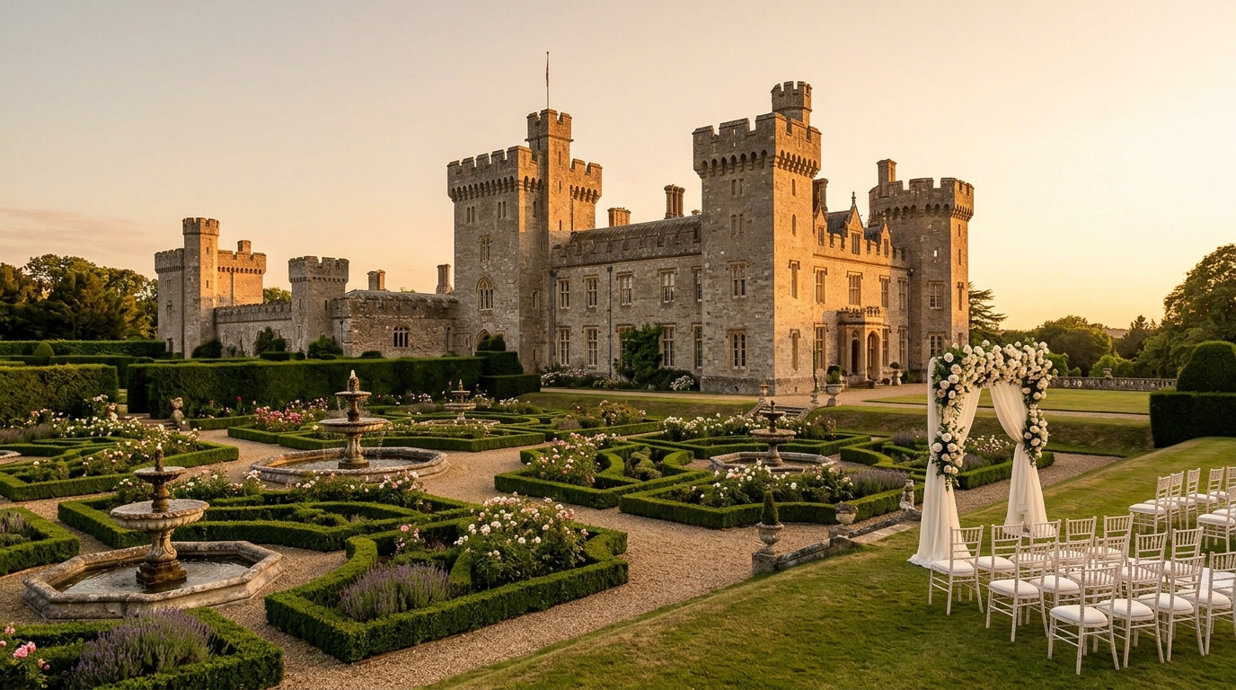 Castelo majestoso com jardins ornamentados para casamento de conto de fadas