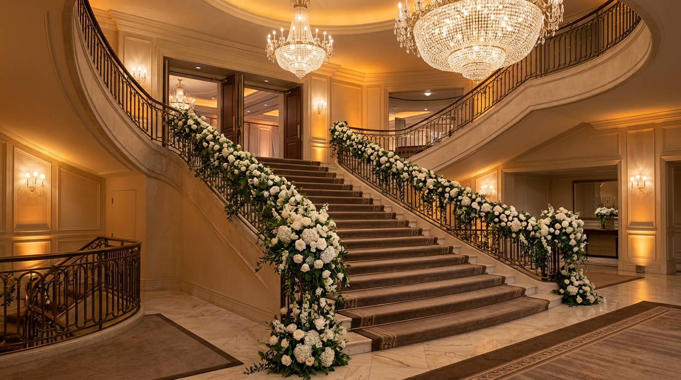 Casamento em hotel luxuoso com escadaria majestosa e arranjos florais