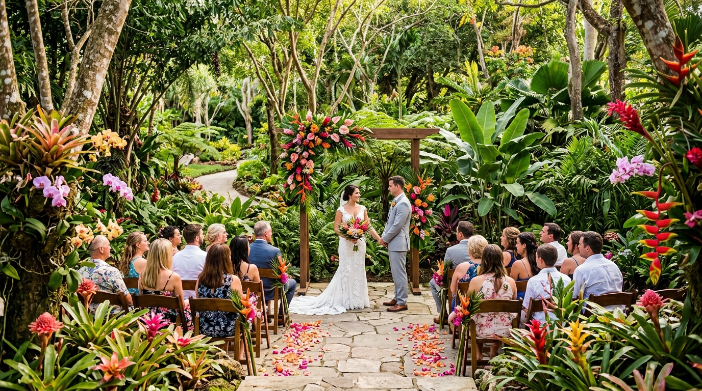 Cerimônia de casamento em jardim botânico com vegetação tropical e flores