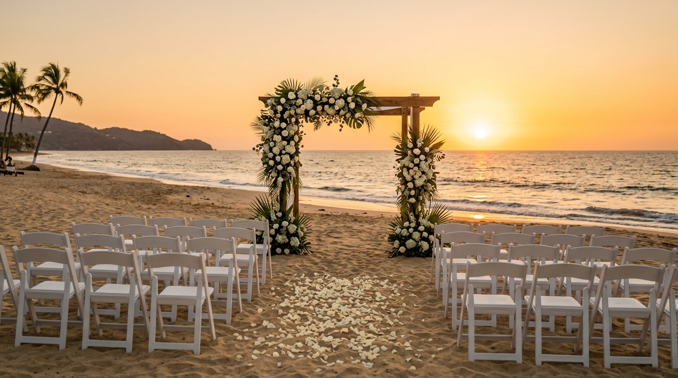 Cerimônia de casamento na praia ao pôr do sol com arco floral e cadeiras brancas