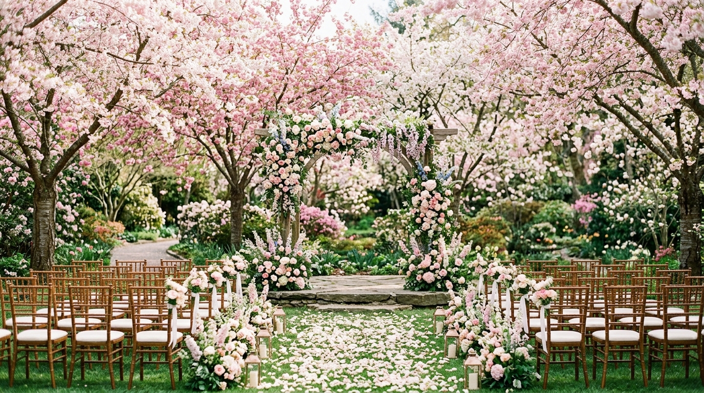 Jardim de primavera em flor com cerejeiras e cenário romântico para casamento