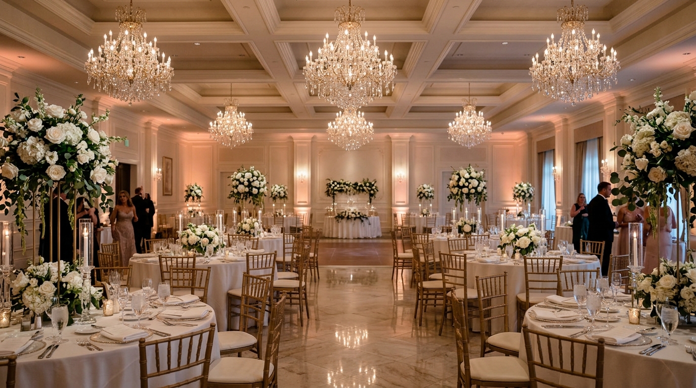 Salão de festas sofisticado com lustres de cristal e mesas decoradas para casamento
