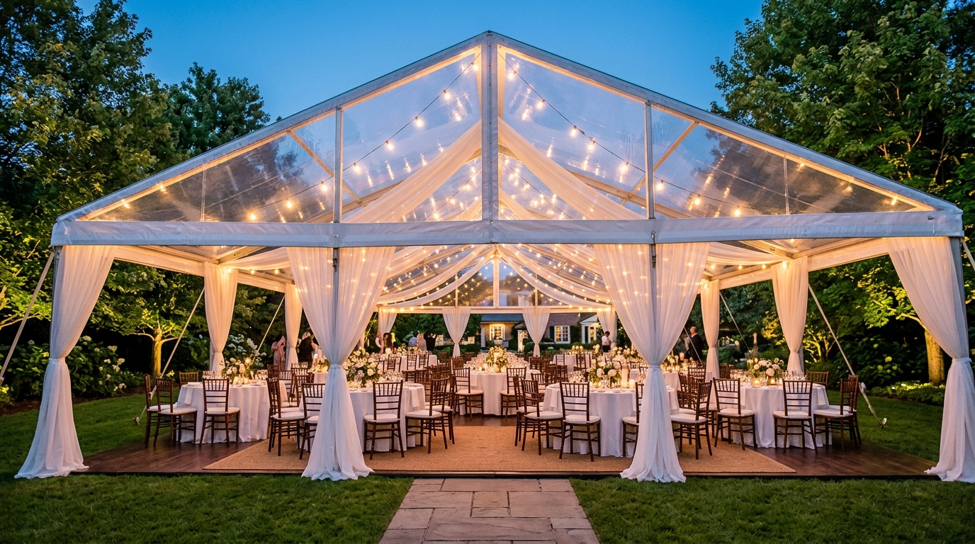 Tenda transparente elegante para recepção de casamento ao ar livre com luzes
